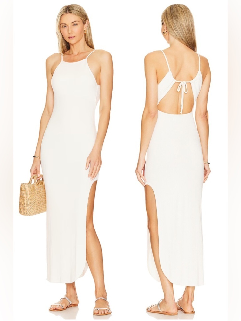 NWT L*Space Renata Ribbed Bodycon Midi Dress Cream Open Back Slit Size Medium